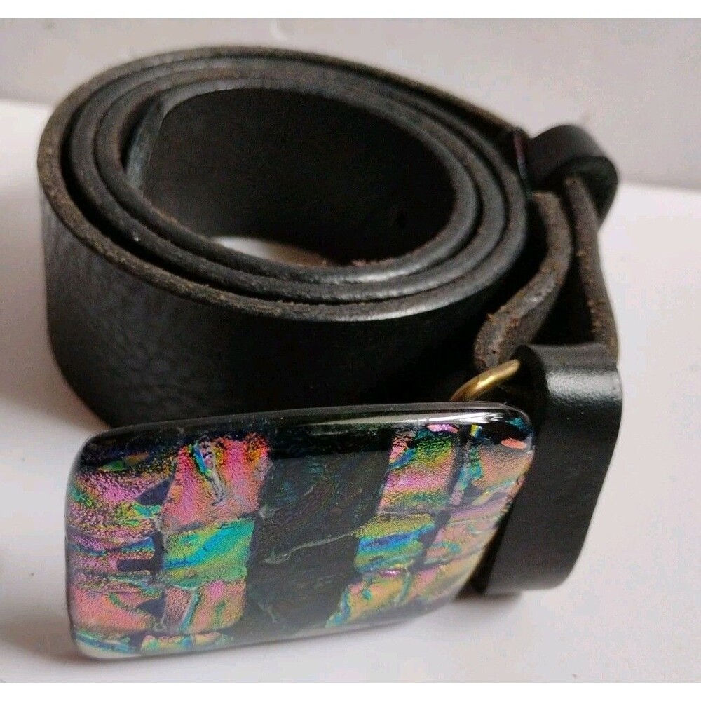 New Vera Pelle Italian Leather Belt 110 US 36 Fused Dichroic Glass Buckle